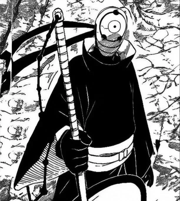 A masked figure in a dark cloak holding a scythe, drawn in black ink